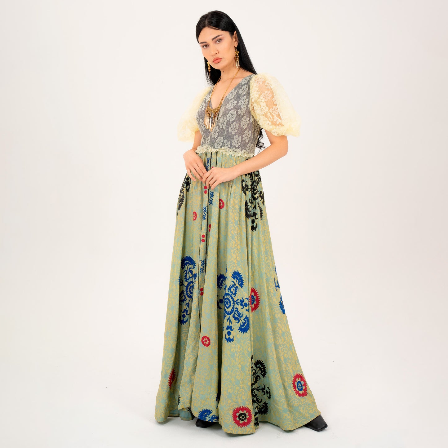 Green Ethno Dress With Lace Top