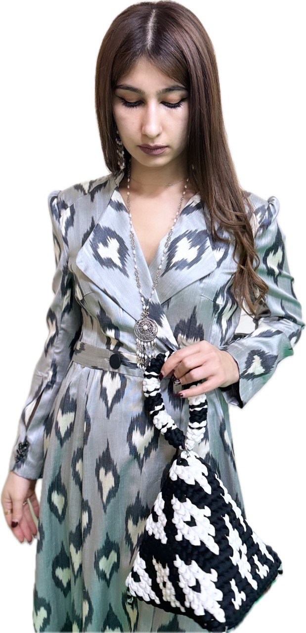 Grey Silky Dress with Uzbek Patterns