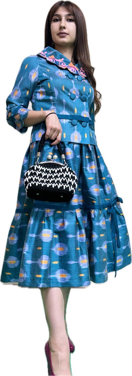 Blue Silky Set with Uzbek Patterns