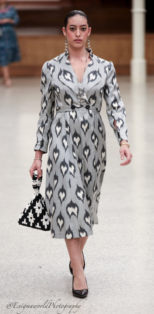 Grey Silky Dress with Uzbek Patterns