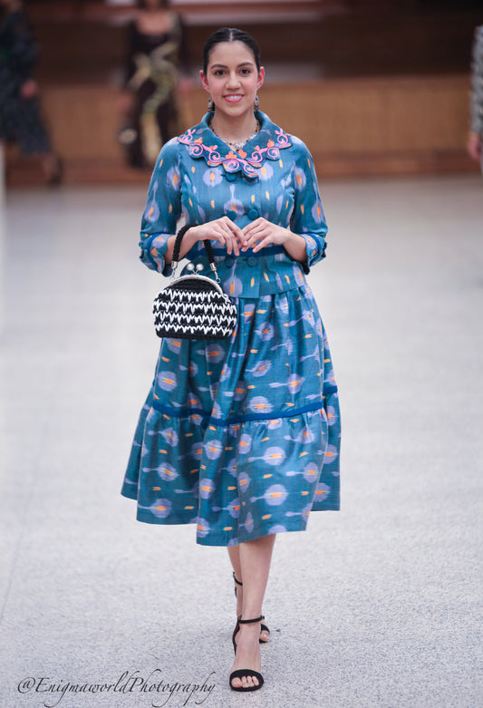 Blue Silky Set with Uzbek Patterns